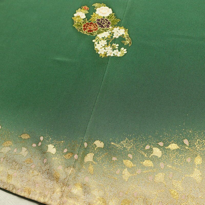 色留袖 松尾光琳 落款入り 縮緬 一つ紋付き 正絹 木の葉・植物柄 袷仕立て 身丈170cm 裄丈69.5cm リサイクル着物 着物 箔 共八掛 金彩 緑・うぐいす色_画像13