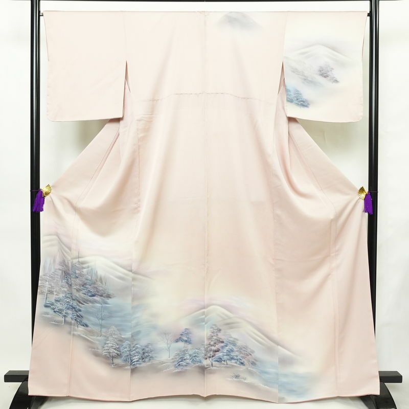 付け下げ 一つ紋付き 正絹 風景柄 袷仕立て 身丈165cm 裄丈66.5cm リサイクル着物 一部しつけ糸付き 着物 ピンク_画像1