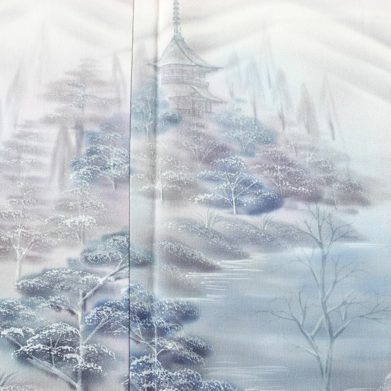 付け下げ 一つ紋付き 正絹 風景柄 袷仕立て 身丈165cm 裄丈66.5cm リサイクル着物 一部しつけ糸付き 着物 ピンク_画像6