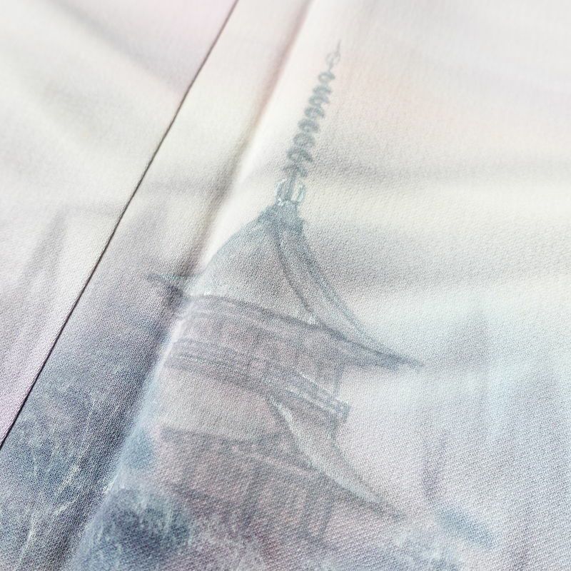 付け下げ 一つ紋付き 正絹 風景柄 袷仕立て 身丈165cm 裄丈66.5cm リサイクル着物 一部しつけ糸付き 着物 ピンク_画像7