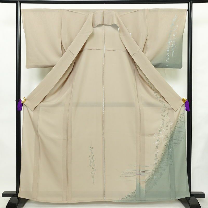 盛夏 絽 付け下げ 正絹 花柄 単衣仕立て 身丈162.5cm 裄丈67cm リサイクル着物 着物 箔 薄物 モダン ベージュ_画像3