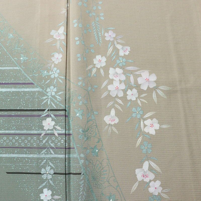 盛夏 絽 付け下げ 正絹 花柄 単衣仕立て 身丈162.5cm 裄丈67cm リサイクル着物 着物 箔 薄物 モダン ベージュ_画像6