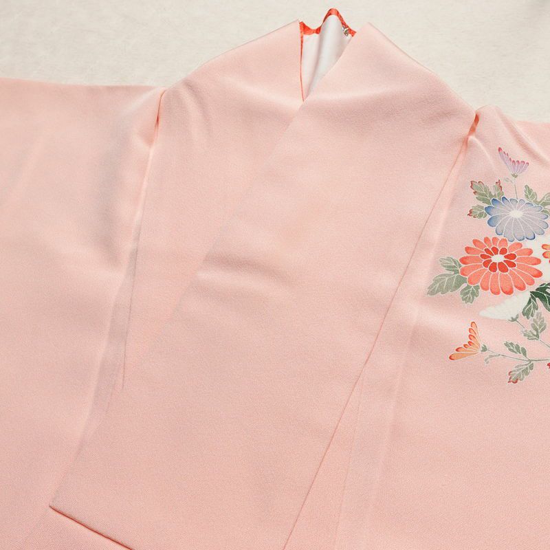 付け下げ 縮緬 一つ紋付き 伊達衿付き 正絹 花柄 袷仕立て 身丈160.5cm 裄丈65.5cm リサイクル着物 着物 入学式 七五三 フォーマル 菊 ピンク_画像16