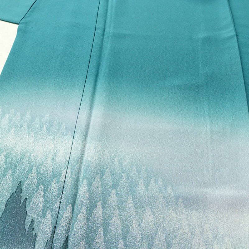 訪問着 おかべみつこ 良品 落款入り 縮緬 正絹 風景柄 袷仕立て 身丈165cm 裄丈68.5cm リサイクル着物 着物 シンプル 緑・うぐいす色_画像5