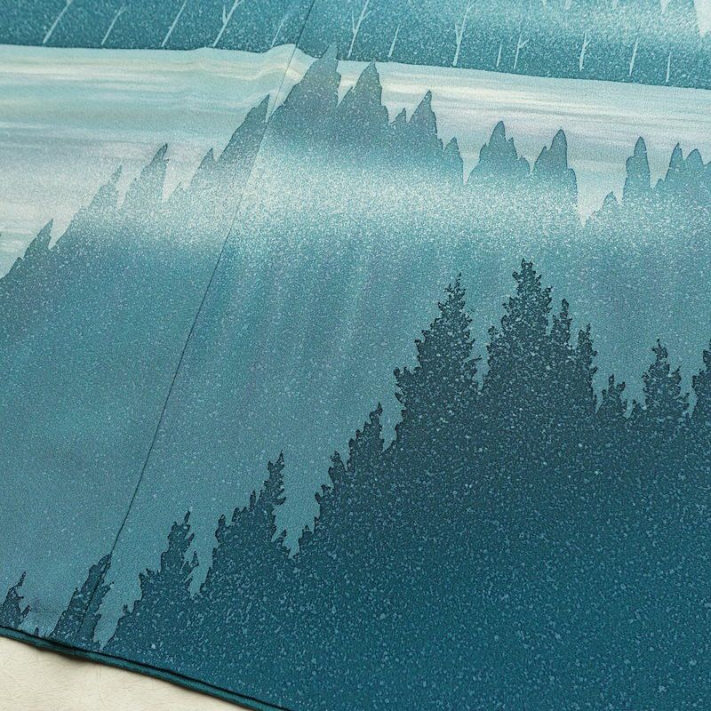 訪問着 おかべみつこ 良品 落款入り 縮緬 正絹 風景柄 袷仕立て 身丈165cm 裄丈68.5cm リサイクル着物 着物 シンプル 緑・うぐいす色_画像12