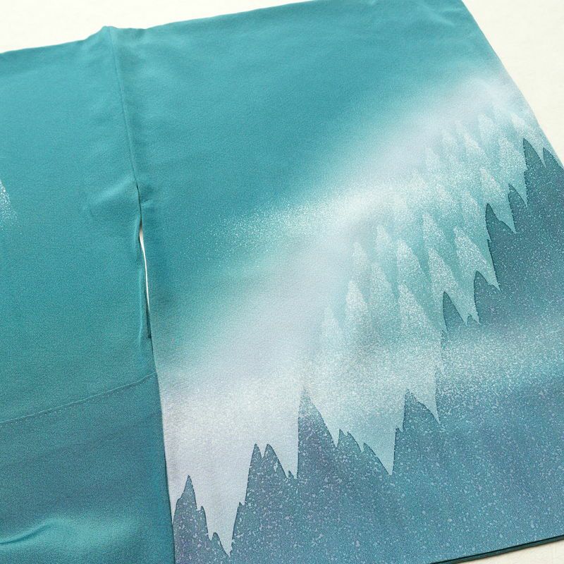 訪問着 おかべみつこ 良品 落款入り 縮緬 正絹 風景柄 袷仕立て 身丈165cm 裄丈68.5cm リサイクル着物 着物 シンプル 緑・うぐいす色_画像14