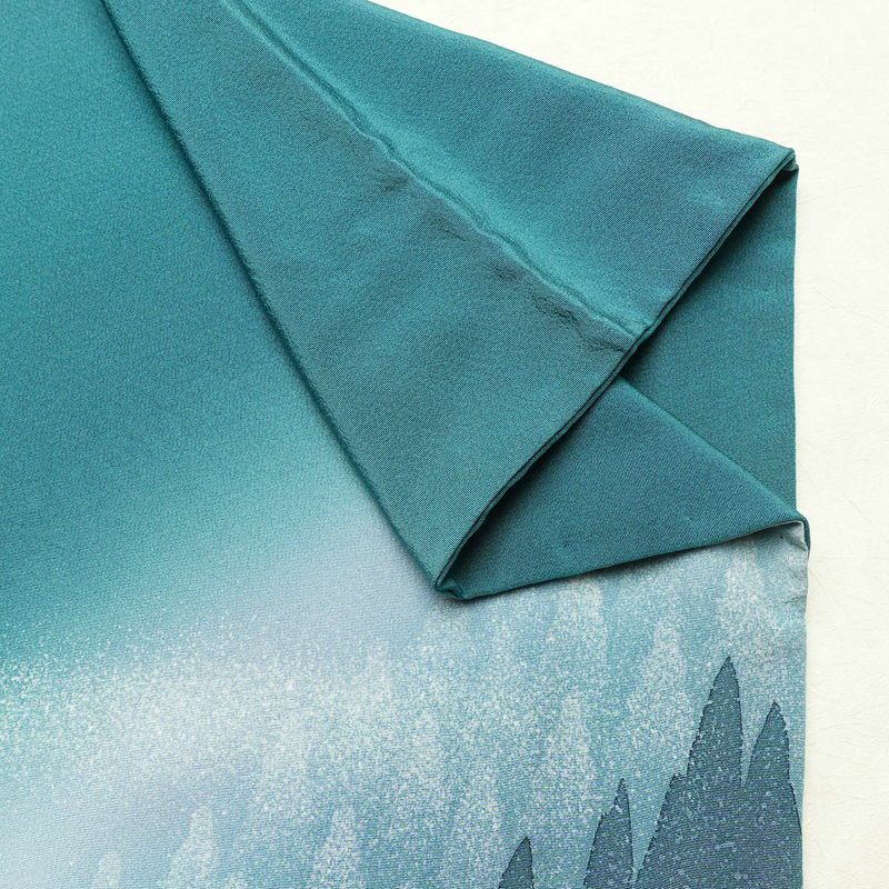 訪問着 おかべみつこ 良品 落款入り 縮緬 正絹 風景柄 袷仕立て 身丈165cm 裄丈68.5cm リサイクル着物 着物 シンプル 緑・うぐいす色_画像15