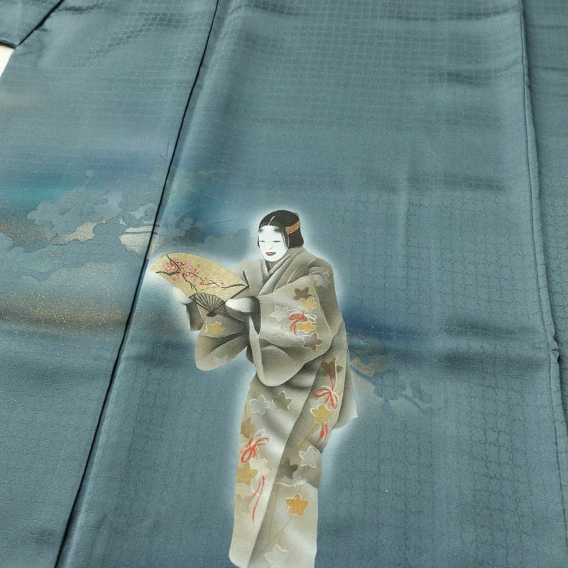 付け下げ 良品 綸子 正絹 人物・動物柄 袷仕立て 身丈154cm 裄丈65.5cm リサイクル着物 着物 箔 青・紺_画像5