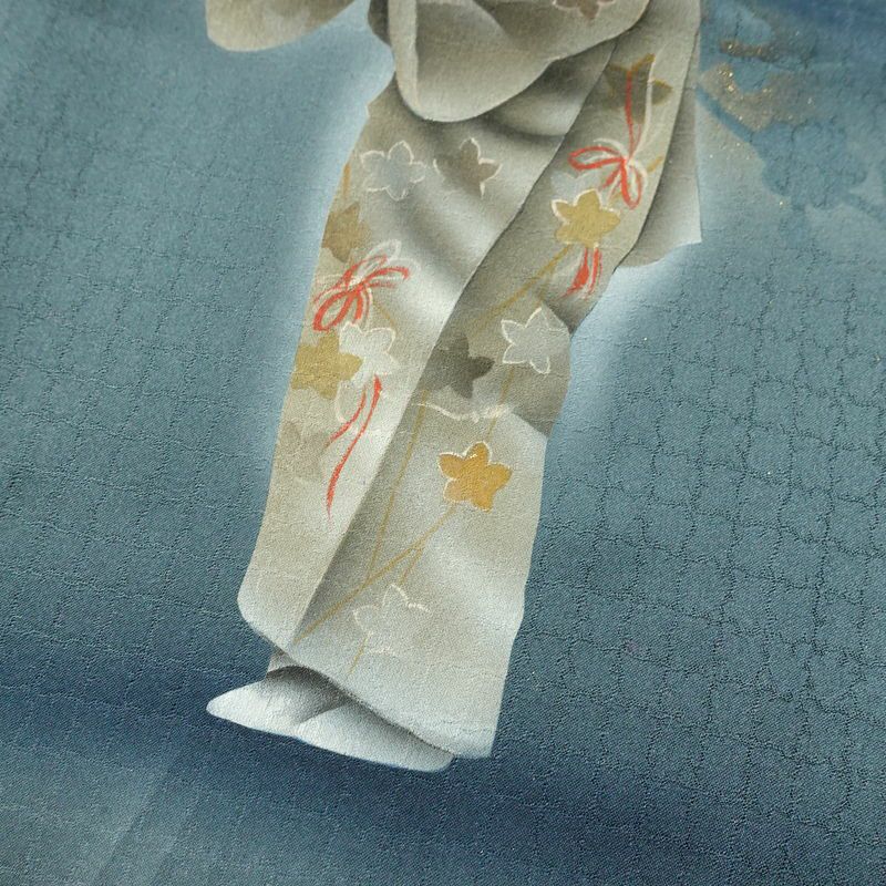 付け下げ 良品 綸子 正絹 人物・動物柄 袷仕立て 身丈154cm 裄丈65.5cm リサイクル着物 着物 箔 青・紺_画像8