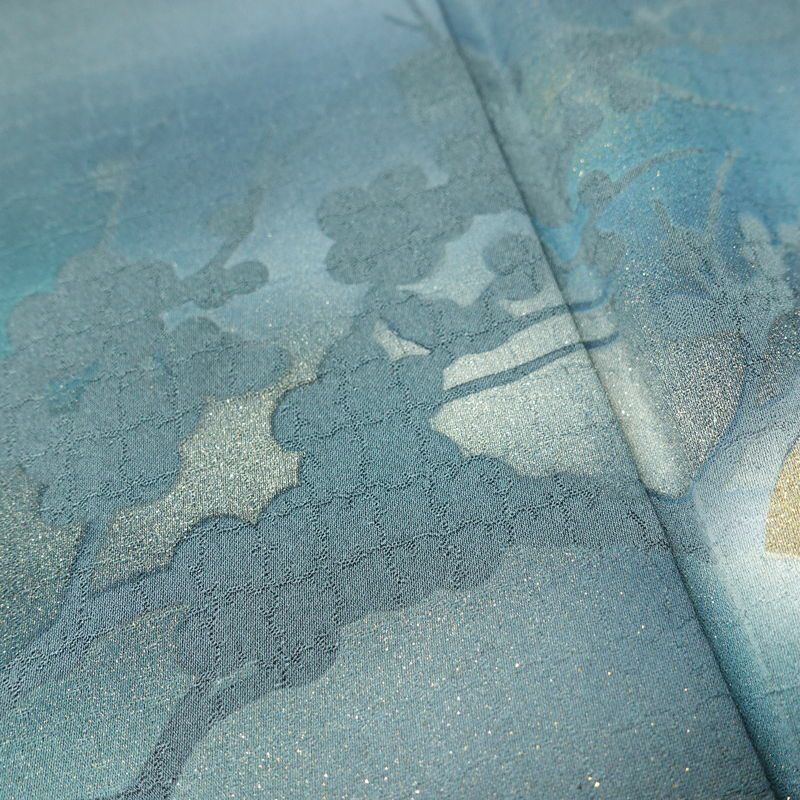 付け下げ 良品 綸子 正絹 人物・動物柄 袷仕立て 身丈154cm 裄丈65.5cm リサイクル着物 着物 箔 青・紺_画像9