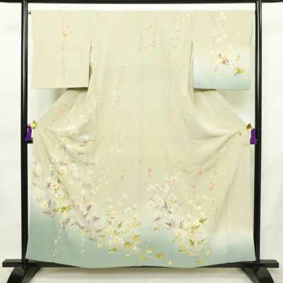 訪問着 良品 落款入り 縮緬 一つ紋付き 正絹 花柄 袷仕立て 身丈157.5cm 裄丈66.5cm リサイクル着物 着物 共八掛 入学式 卒業式 七五三 お宮参り フォーマル 緑・うぐいす色