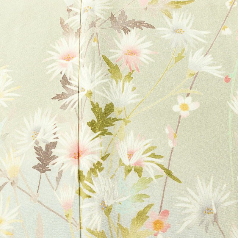 訪問着 良品 落款入り 縮緬 一つ紋付き 正絹 花柄 袷仕立て 身丈157.5cm 裄丈66.5cm リサイクル着物 着物 共八掛 入学式 卒業式 七五三 お宮参り フォーマル 緑・うぐいす色_画像6