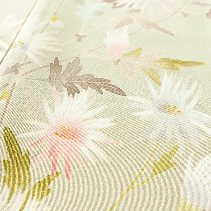 訪問着 良品 落款入り 縮緬 一つ紋付き 正絹 花柄 袷仕立て 身丈157.5cm 裄丈66.5cm リサイクル着物 着物 共八掛 入学式 卒業式 七五三 お宮参り フォーマル 緑・うぐいす色_画像7