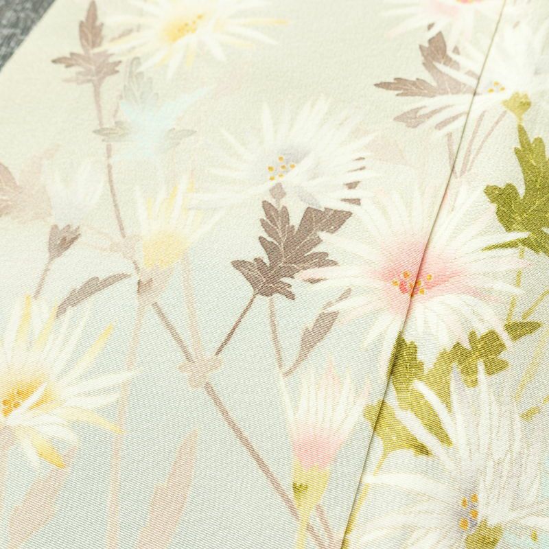 訪問着 良品 落款入り 縮緬 一つ紋付き 正絹 花柄 袷仕立て 身丈157.5cm 裄丈66.5cm リサイクル着物 着物 共八掛 入学式 卒業式 七五三 お宮参り フォーマル 緑・うぐいす色_画像9