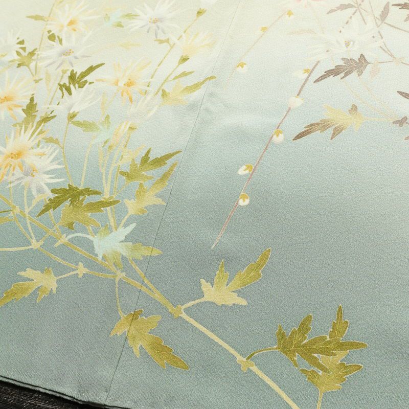 訪問着 良品 落款入り 縮緬 一つ紋付き 正絹 花柄 袷仕立て 身丈157.5cm 裄丈66.5cm リサイクル着物 着物 共八掛 入学式 卒業式 七五三 お宮参り フォーマル 緑・うぐいす色_画像11