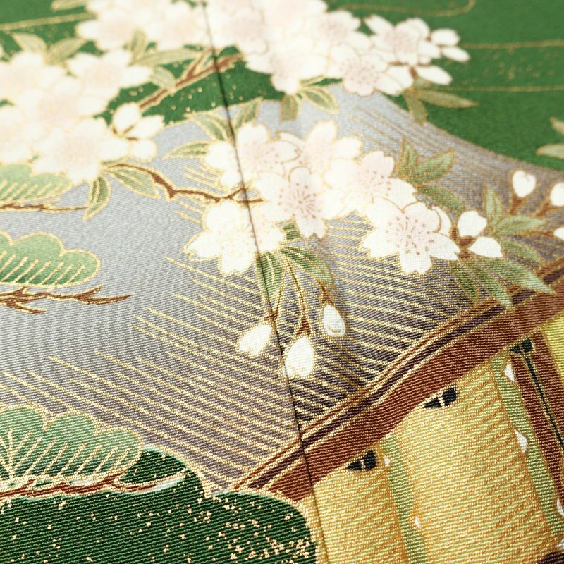 振袖 縮緬 正絹 古典柄 袷仕立て 洒落紋付き 身丈166cm 裄丈68.5cm リサイクル着物 着物 箔 金彩 成人式 二十歳 二十歳の集い パーティー フォーマル 松 菊 桜 緑・うぐいす色_画像8