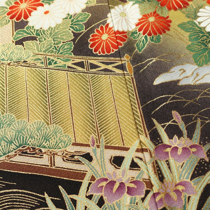 振袖 縮緬 正絹 古典柄 袷仕立て 洒落紋付き 身丈166cm 裄丈68.5cm リサイクル着物 着物 箔 金彩 成人式 二十歳 二十歳の集い パーティー フォーマル 松 菊 桜 緑・うぐいす色_画像10
