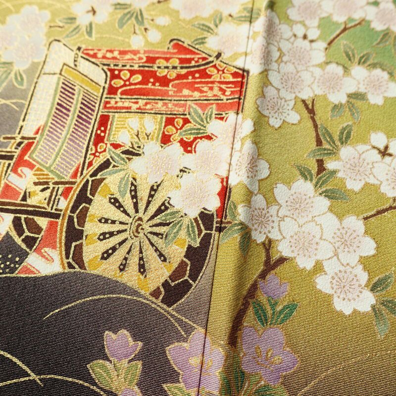 振袖 縮緬 正絹 古典柄 袷仕立て 洒落紋付き 身丈166cm 裄丈68.5cm リサイクル着物 着物 箔 金彩 成人式 二十歳 二十歳の集い パーティー フォーマル 松 菊 桜 緑・うぐいす色_画像11