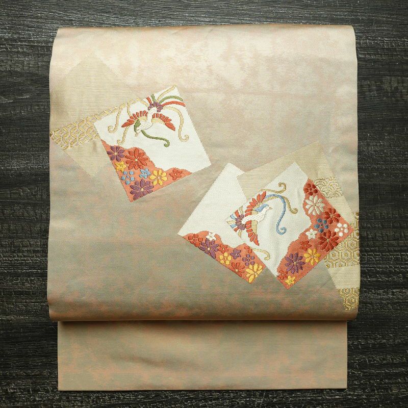 名古屋帯 太鼓柄 正絹 古典柄 名古屋仕立て なごや帯 リサイクル帯 帯 金糸 シンプル ベージュ_画像1