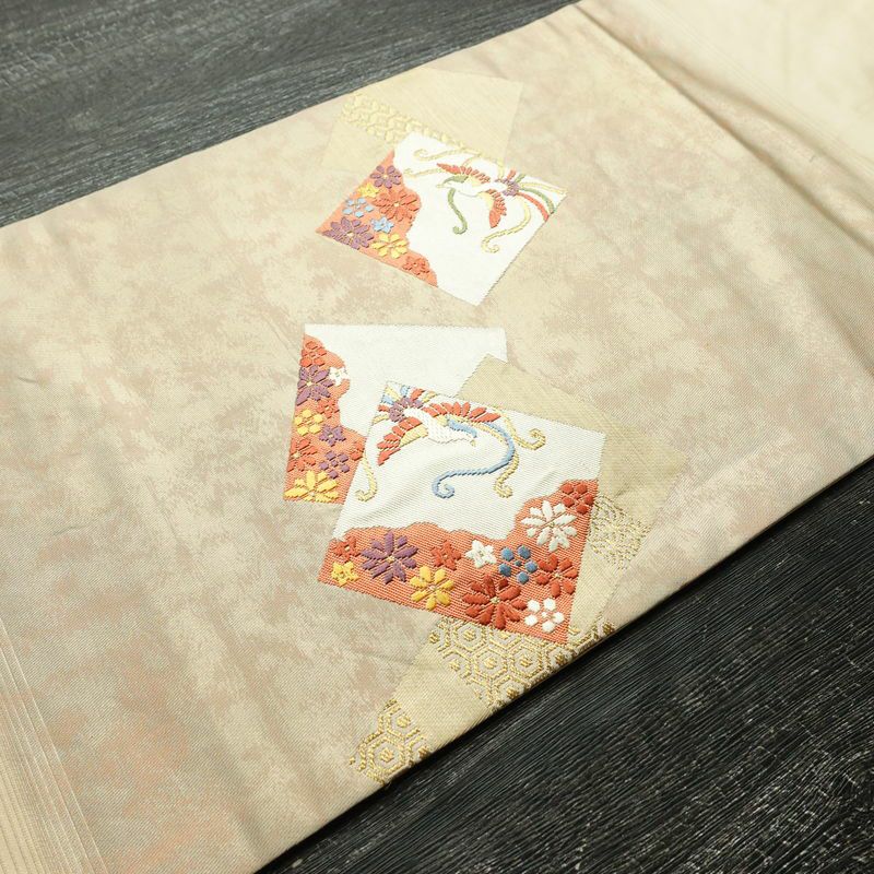 名古屋帯 太鼓柄 正絹 古典柄 名古屋仕立て なごや帯 リサイクル帯 帯 金糸 シンプル ベージュ_画像12