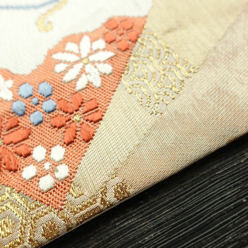 名古屋帯 太鼓柄 正絹 古典柄 名古屋仕立て なごや帯 リサイクル帯 帯 金糸 シンプル ベージュ_画像13