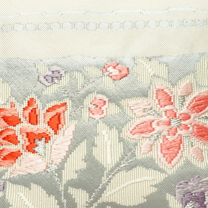 名古屋帯 太鼓柄 正絹 花柄 名古屋仕立て なごや帯 リサイクル帯 帯 箔 銀糸 上品 ピンク_画像4