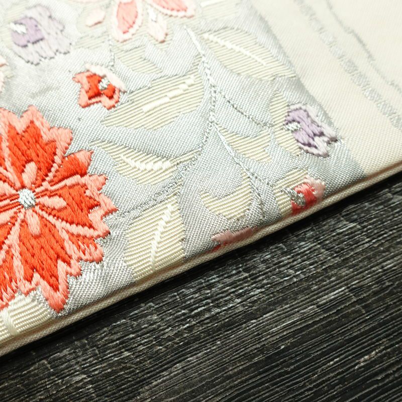 名古屋帯 太鼓柄 正絹 花柄 名古屋仕立て なごや帯 リサイクル帯 帯 箔 銀糸 上品 ピンク_画像11