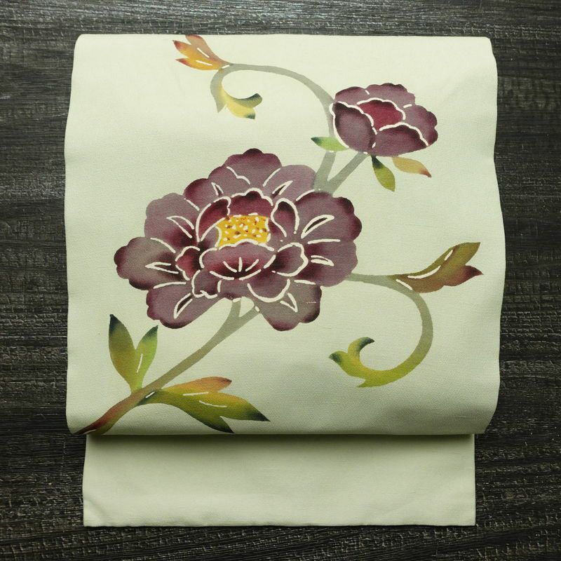 名古屋帯 太鼓柄 正絹 花柄 名古屋仕立て なごや帯 リサイクル帯 帯 シンプル 緑・うぐいす色_画像1