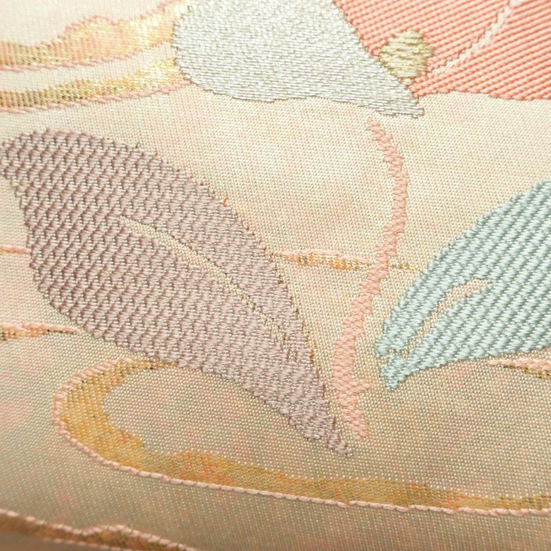 名古屋帯 太鼓柄 良品 正絹 花柄 名古屋仕立て なごや帯 リサイクル帯 帯 箔 上品 ピンク_画像6