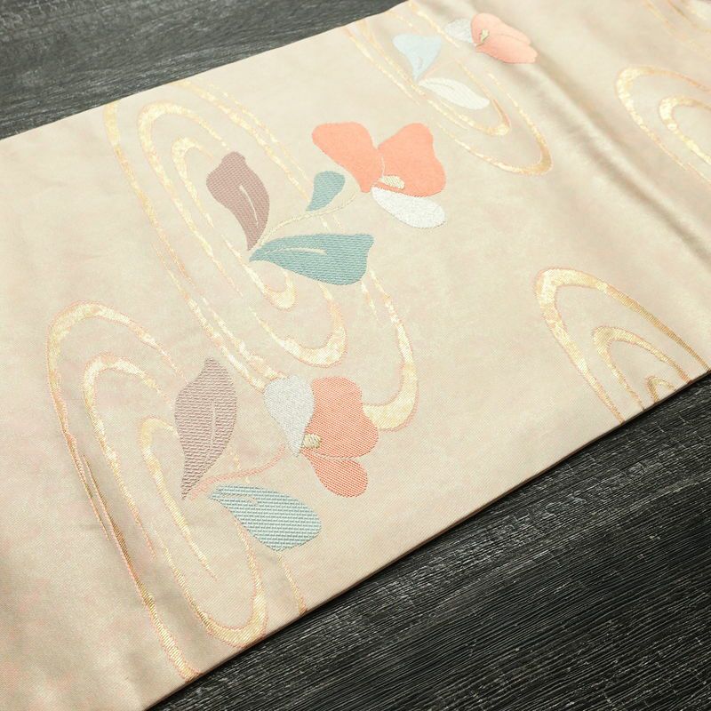 名古屋帯 太鼓柄 良品 正絹 花柄 名古屋仕立て なごや帯 リサイクル帯 帯 箔 上品 ピンク_画像11