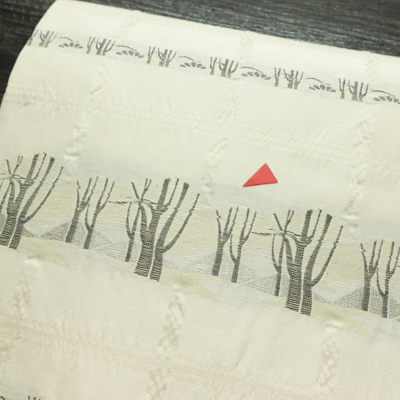 名古屋帯 六通柄 正絹 木の葉・植物柄 名古屋仕立て なごや帯 リサイクル帯 帯 白_画像6