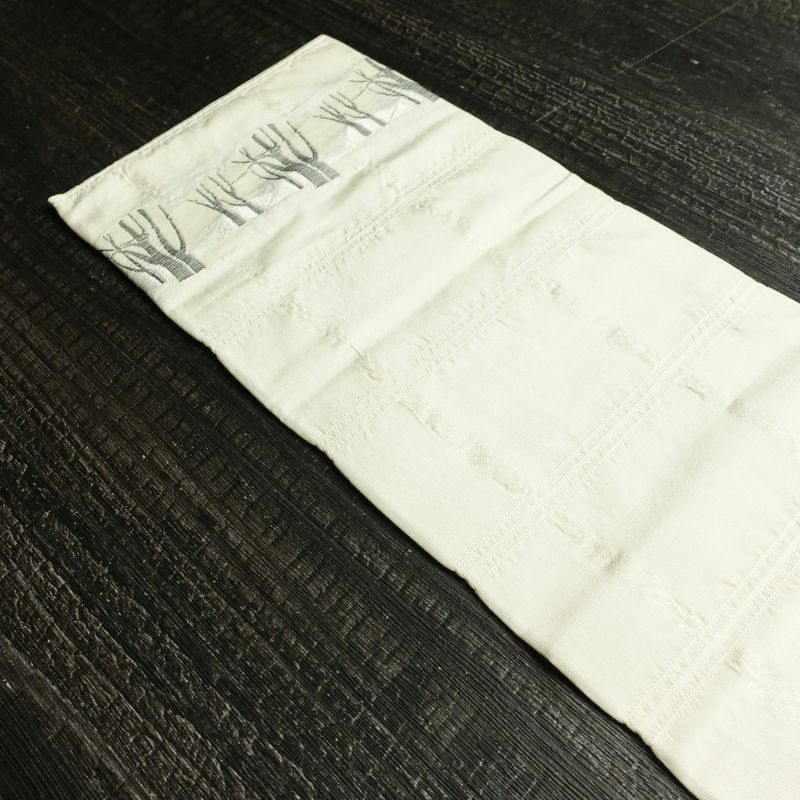 名古屋帯 六通柄 正絹 木の葉・植物柄 名古屋仕立て なごや帯 リサイクル帯 帯 白_画像15