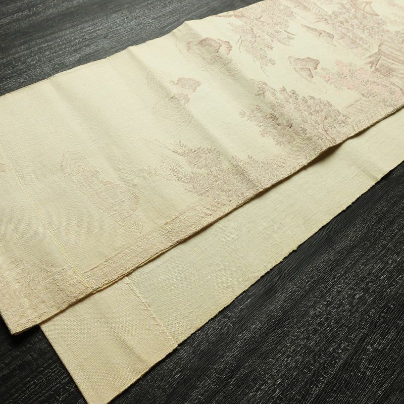 名古屋帯 太鼓柄 良品 正絹 風景柄 通し仕立て なごや帯 リサイクル帯 帯 紬地 ベージュ_画像8