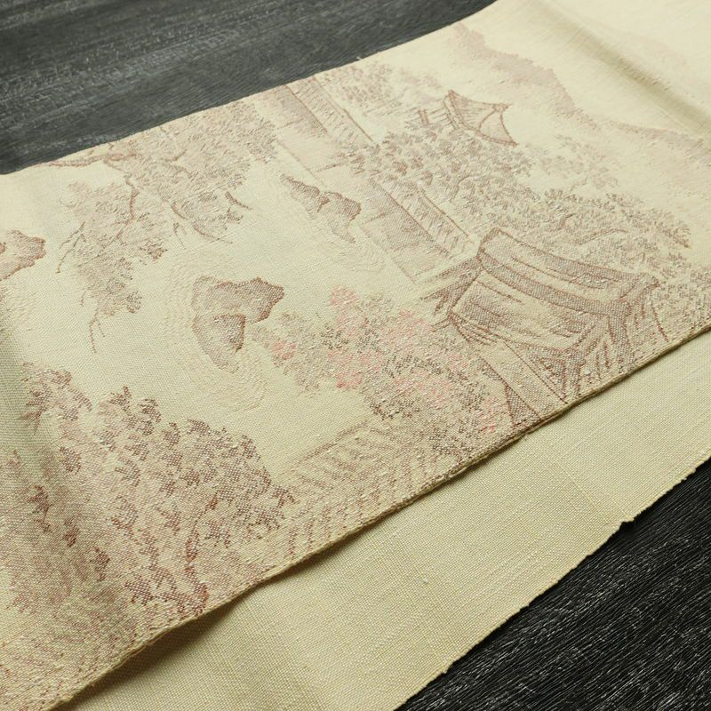 名古屋帯 太鼓柄 良品 正絹 風景柄 通し仕立て なごや帯 リサイクル帯 帯 紬地 ベージュ_画像11