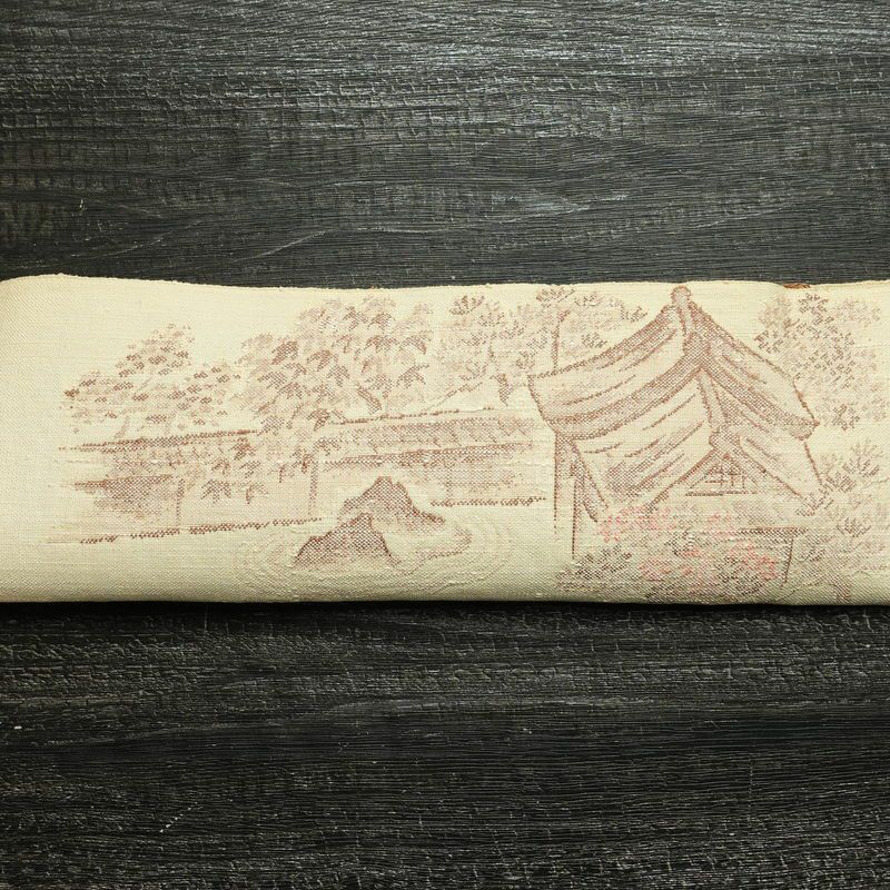 名古屋帯 太鼓柄 良品 正絹 風景柄 通し仕立て なごや帯 リサイクル帯 帯 紬地 ベージュ_画像14