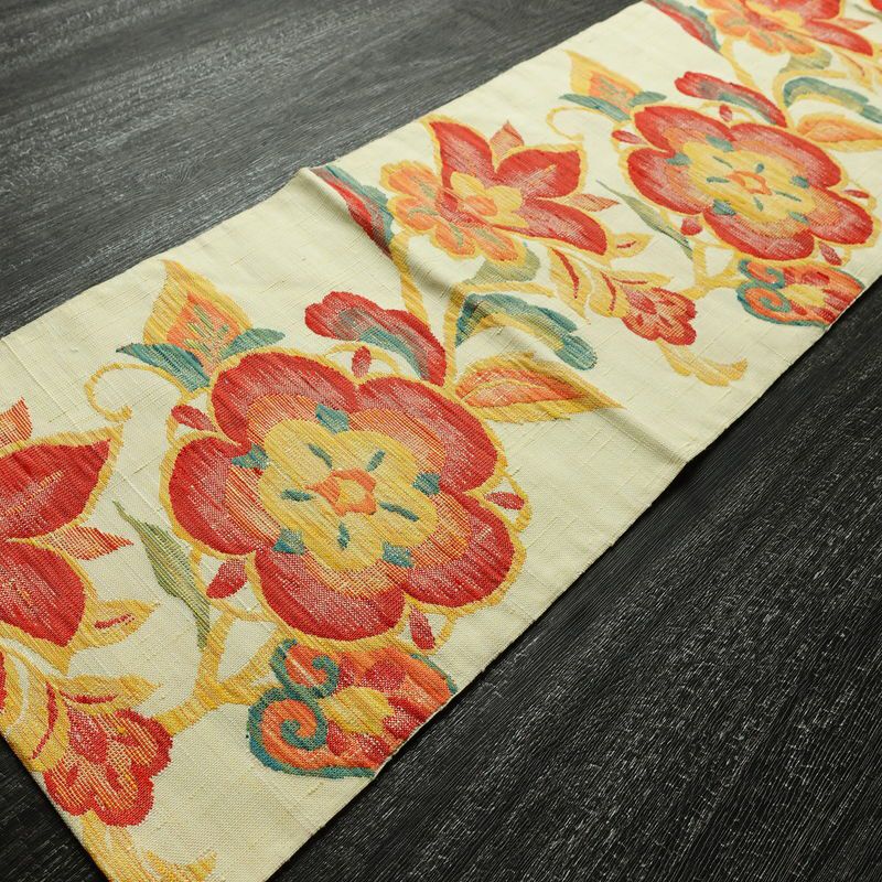 名古屋帯 六通柄 良品 正絹 花柄 松葉仕立て なごや帯 リサイクル帯 帯 紬地 クリーム_画像9