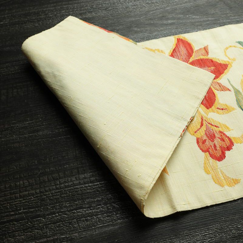 名古屋帯 六通柄 良品 正絹 花柄 松葉仕立て なごや帯 リサイクル帯 帯 紬地 クリーム_画像10