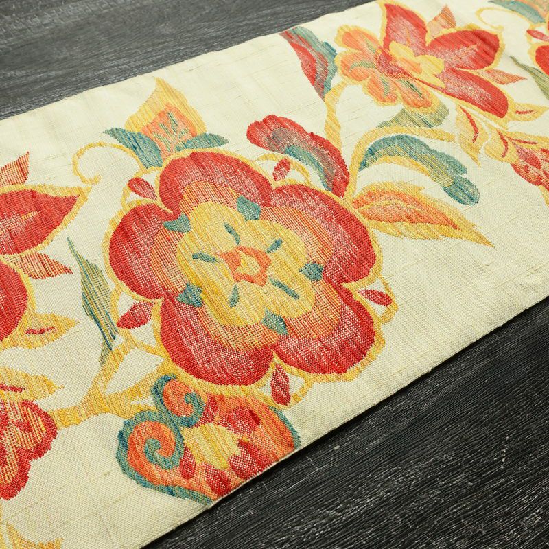 名古屋帯 六通柄 良品 正絹 花柄 松葉仕立て なごや帯 リサイクル帯 帯 紬地 クリーム_画像12