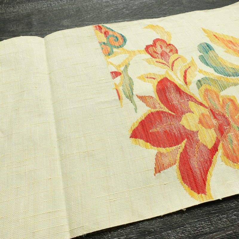 名古屋帯 六通柄 良品 正絹 花柄 松葉仕立て なごや帯 リサイクル帯 帯 紬地 クリーム_画像16