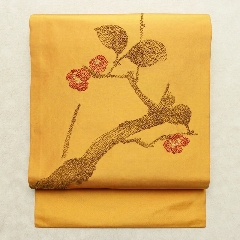 名古屋帯 太鼓柄 相良刺繍 正絹 木の葉・植物柄 名古屋仕立て なごや帯 リサイクル帯 帯 シンプル 洒落 黄・黄土色_画像1