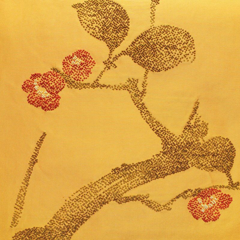 名古屋帯 太鼓柄 相良刺繍 正絹 木の葉・植物柄 名古屋仕立て なごや帯 リサイクル帯 帯 シンプル 洒落 黄・黄土色_画像2