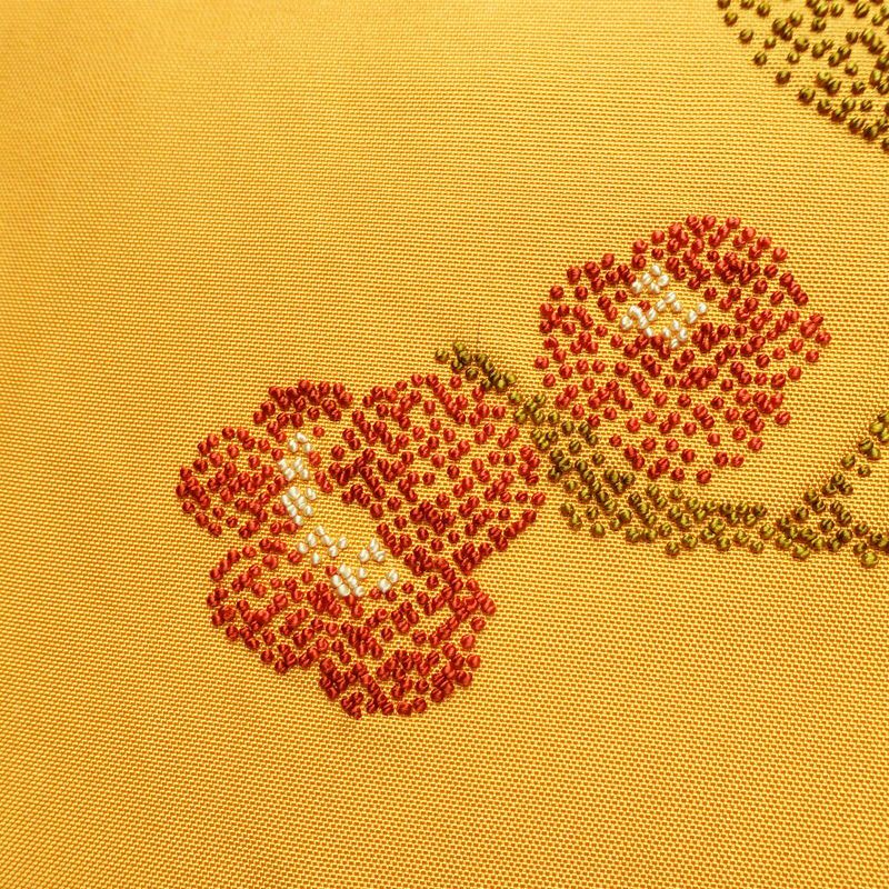 名古屋帯 太鼓柄 相良刺繍 正絹 木の葉・植物柄 名古屋仕立て なごや帯 リサイクル帯 帯 シンプル 洒落 黄・黄土色_画像3