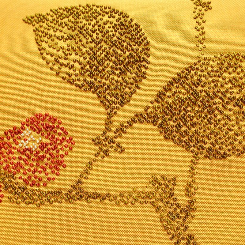 名古屋帯 太鼓柄 相良刺繍 正絹 木の葉・植物柄 名古屋仕立て なごや帯 リサイクル帯 帯 シンプル 洒落 黄・黄土色_画像4