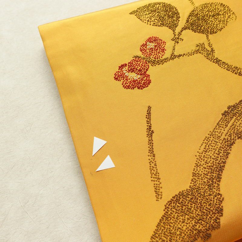 名古屋帯 太鼓柄 相良刺繍 正絹 木の葉・植物柄 名古屋仕立て なごや帯 リサイクル帯 帯 シンプル 洒落 黄・黄土色_画像9