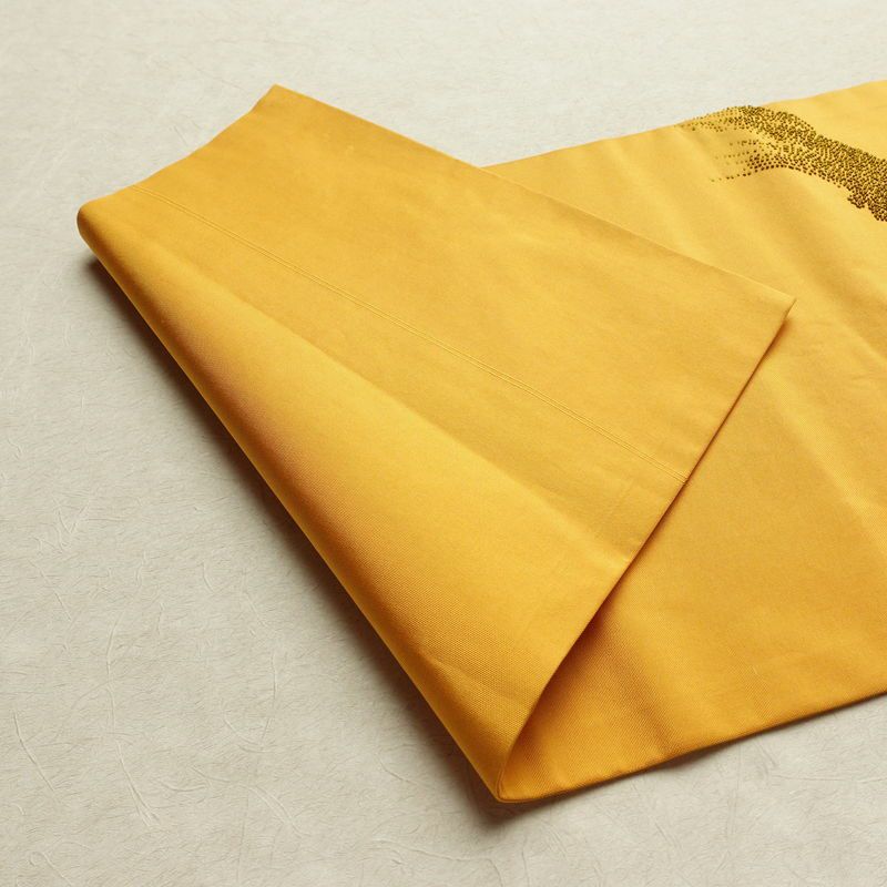名古屋帯 太鼓柄 相良刺繍 正絹 木の葉・植物柄 名古屋仕立て なごや帯 リサイクル帯 帯 シンプル 洒落 黄・黄土色_画像14
