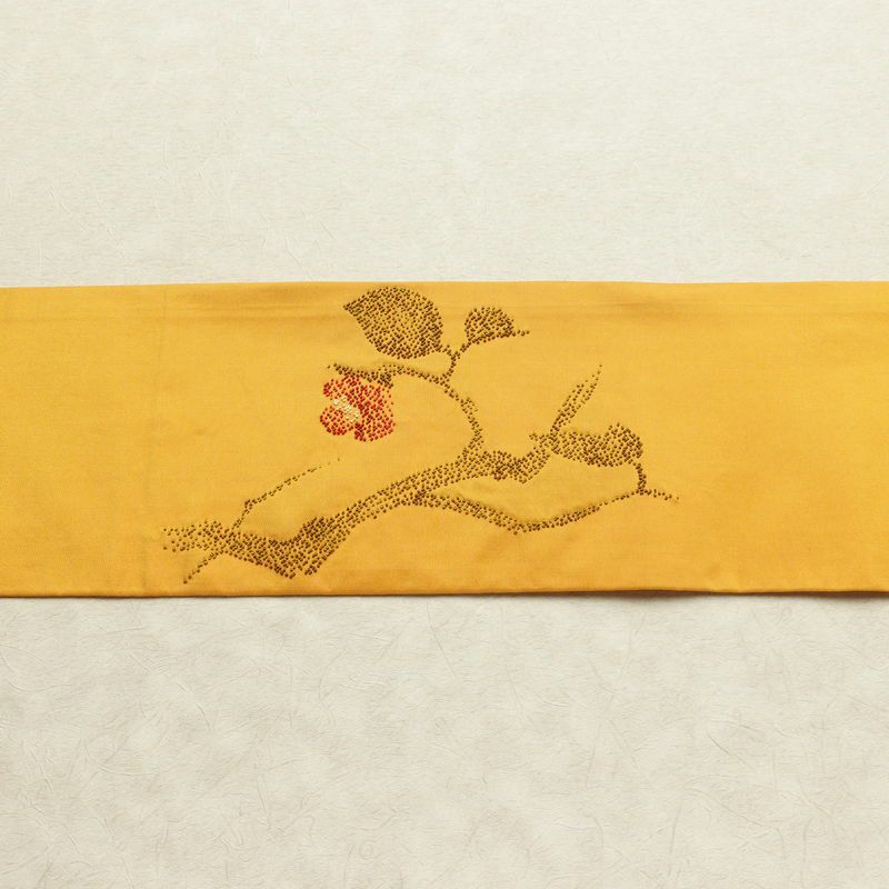 名古屋帯 太鼓柄 相良刺繍 正絹 木の葉・植物柄 名古屋仕立て なごや帯 リサイクル帯 帯 シンプル 洒落 黄・黄土色_画像16