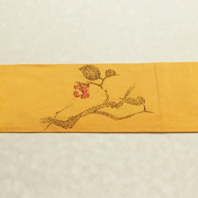 名古屋帯 太鼓柄 相良刺繍 正絹 木の葉・植物柄 名古屋仕立て なごや帯 リサイクル帯 帯 シンプル 洒落 黄・黄土色_画像17