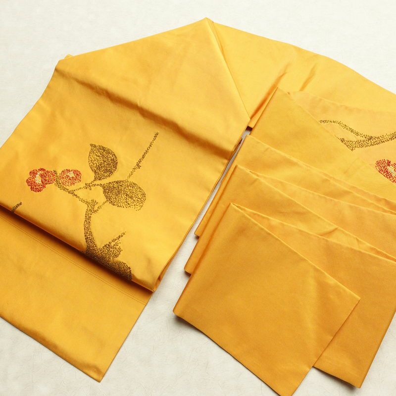 名古屋帯 太鼓柄 相良刺繍 正絹 木の葉・植物柄 名古屋仕立て なごや帯 リサイクル帯 帯 シンプル 洒落 黄・黄土色_画像19