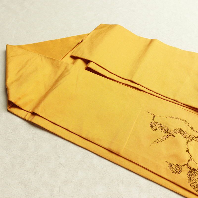 名古屋帯 太鼓柄 相良刺繍 正絹 木の葉・植物柄 名古屋仕立て なごや帯 リサイクル帯 帯 シンプル 洒落 黄・黄土色_画像21