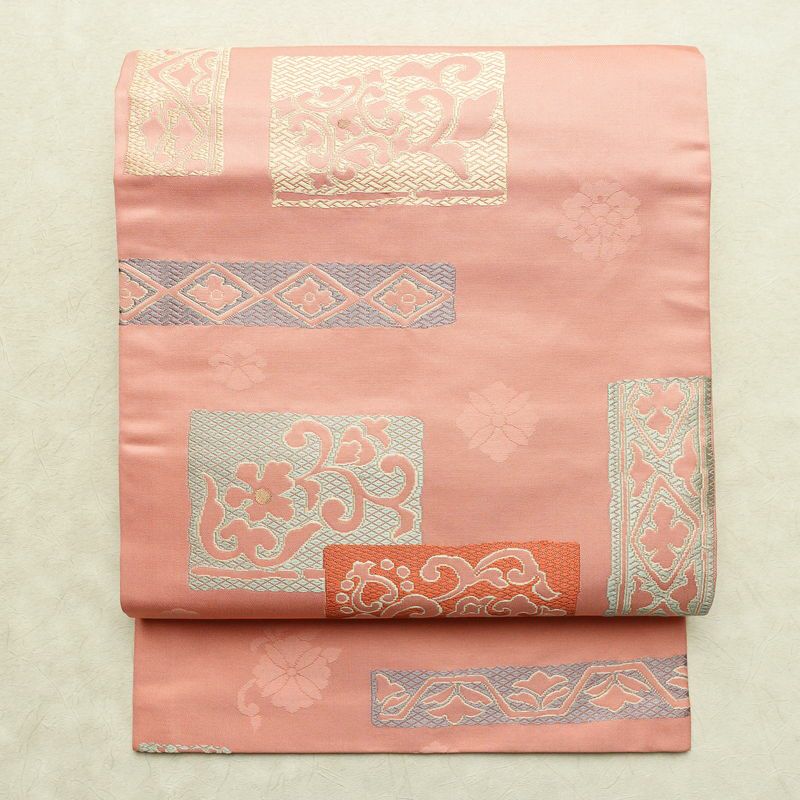 名古屋帯 太鼓柄 良品 正絹 幾何学柄・抽象柄 名古屋仕立て なごや帯 リサイクル帯 帯 金糸 ピンク_画像1